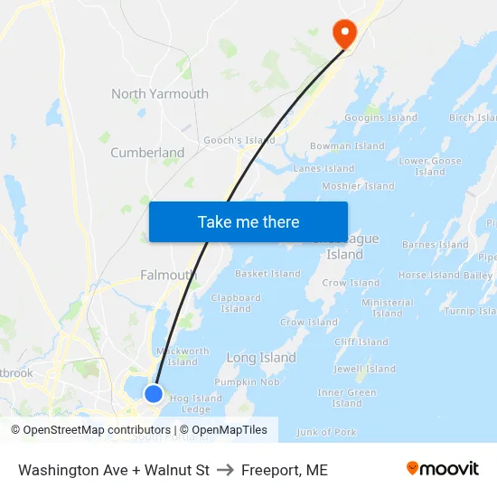 Washington Ave + Walnut St to Freeport, ME map