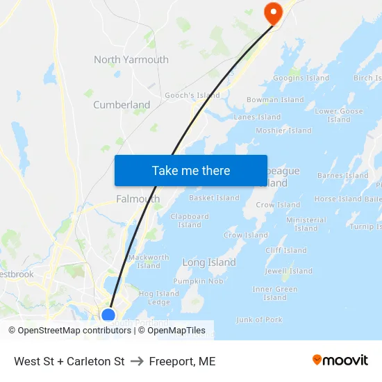 West St + Carleton St to Freeport, ME map