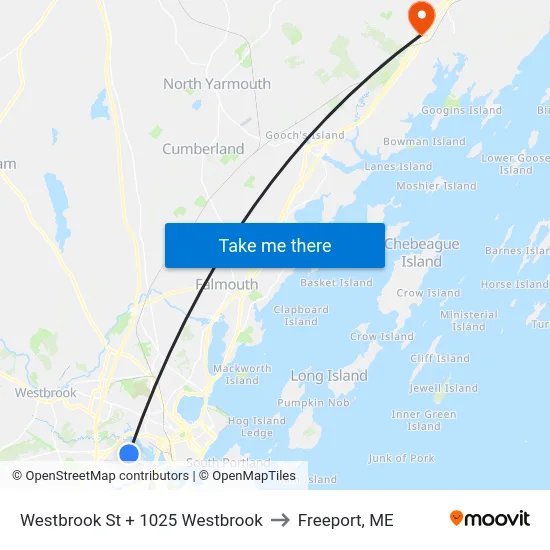 Westbrook St + 1025 Westbrook to Freeport, ME map