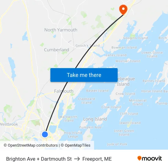 Brighton Ave + Dartmouth St to Freeport, ME map