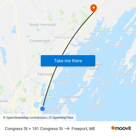 Congress St + 181 Congress St to Freeport, ME map