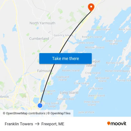 Franklin Towers to Freeport, ME map