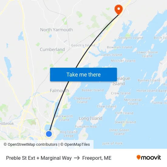 Preble St Ext + Marginal Way to Freeport, ME map