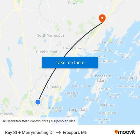 Ray St + Merrymeeting Dr to Freeport, ME map