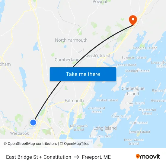 East Bridge St + Constitution to Freeport, ME map