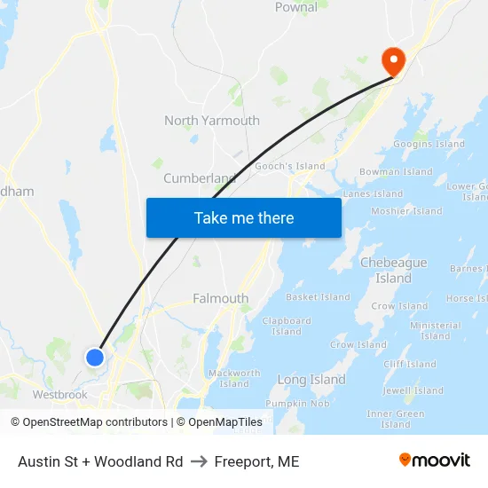 Austin St + Woodland Rd to Freeport, ME map