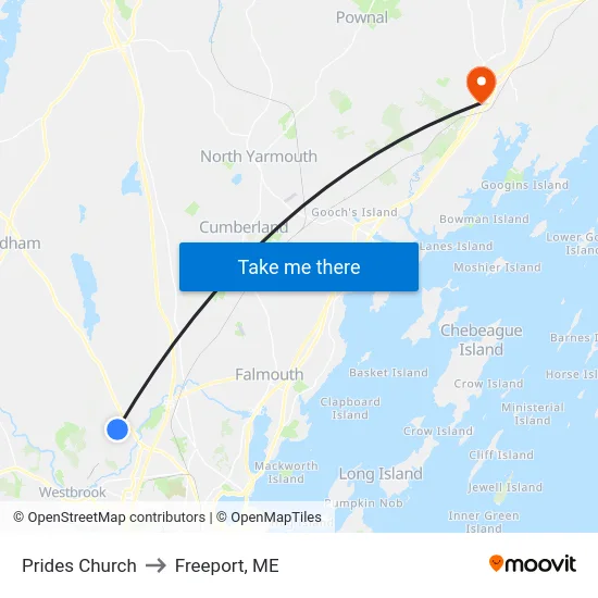 Prides Church to Freeport, ME map
