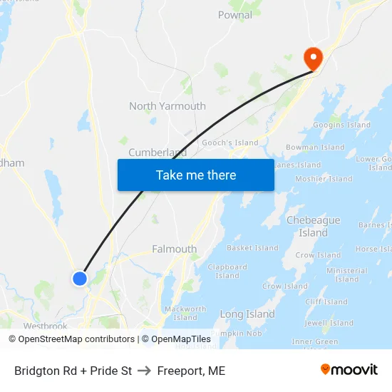 Bridgton Rd + Pride St to Freeport, ME map