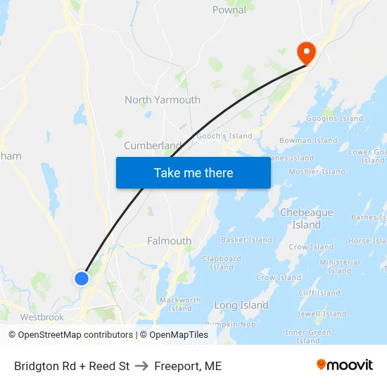 Bridgton Rd + Reed St to Freeport, ME map