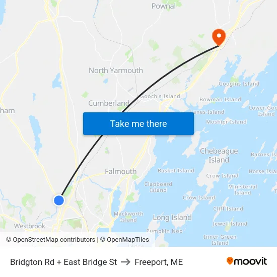 Bridgton Rd + East Bridge St to Freeport, ME map