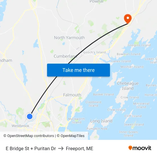 E Bridge St + Puritan Dr to Freeport, ME map