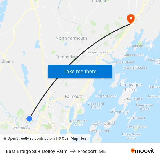 East Brdige St + Dolley Farm to Freeport, ME map