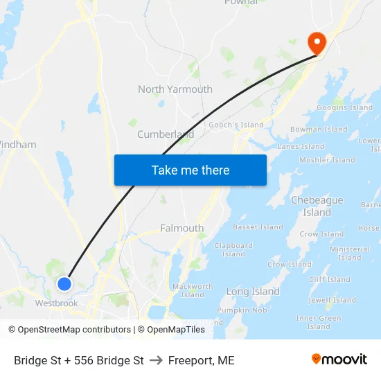 Bridge St + 556 Bridge St to Freeport, ME map