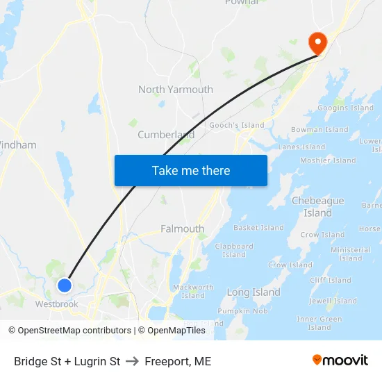 Bridge St + Lugrin St to Freeport, ME map