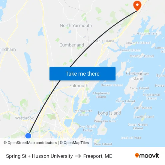 Spring St + Husson University to Freeport, ME map