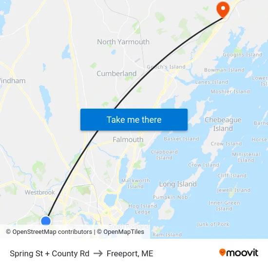 Spring St + County Rd to Freeport, ME map