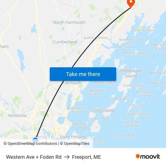 Western Ave + Foden Rd to Freeport, ME map