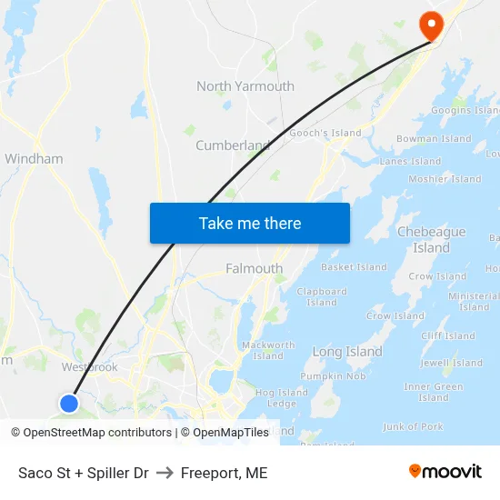 Saco St + Spiller Dr to Freeport, ME map