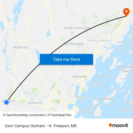 Usm Campus Gorham to Freeport, ME map