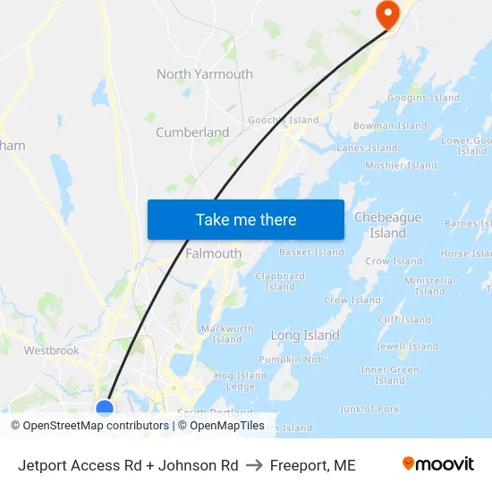 Jetport Access Rd + Johnson Rd to Freeport, ME map