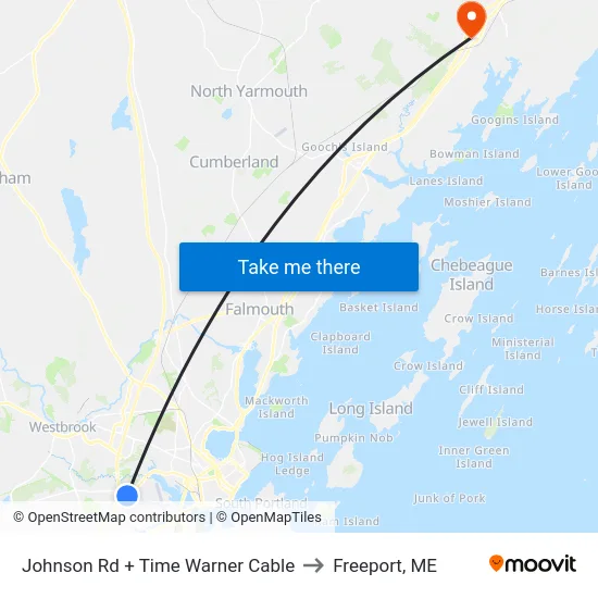 Johnson Rd + Time Warner Cable to Freeport, ME map