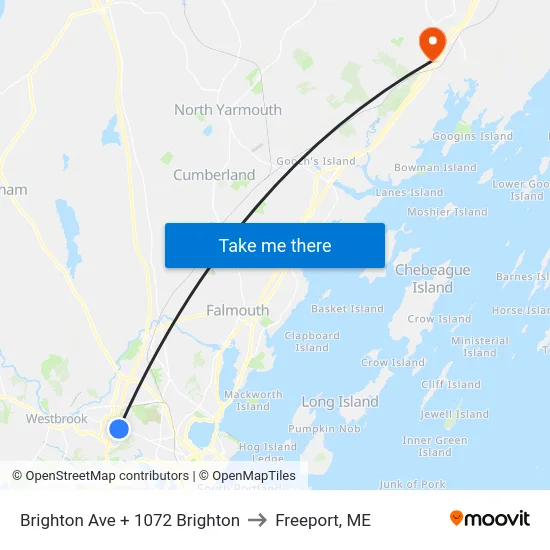 Brighton Ave + 1072 Brighton to Freeport, ME map