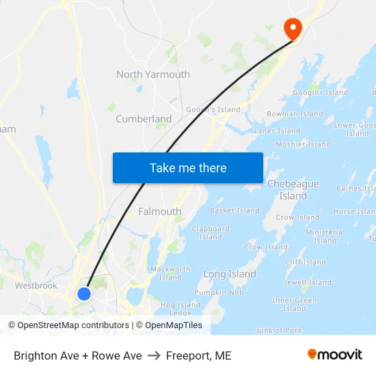 Brighton Ave + Rowe Ave to Freeport, ME map