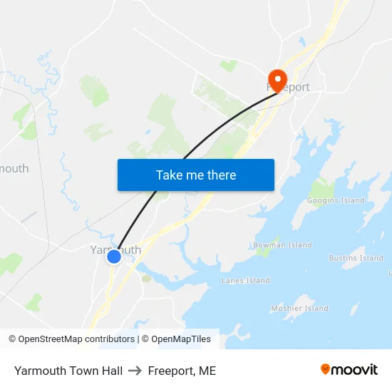 Yarmouth Town Hall to Freeport, ME map