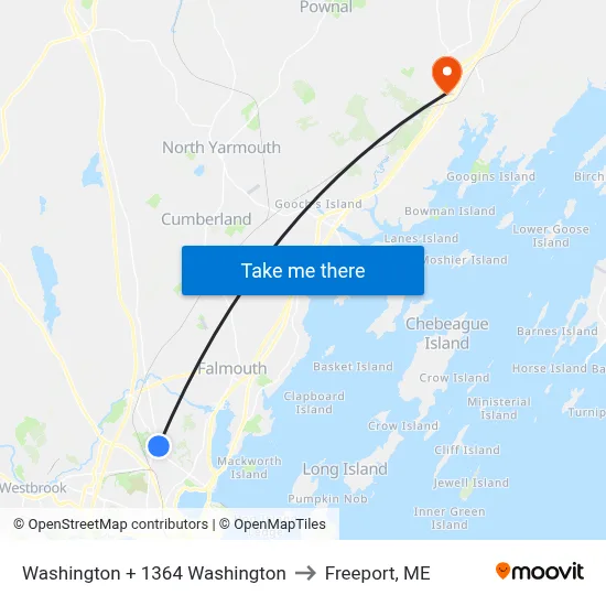 Washington + 1364 Washington to Freeport, ME map