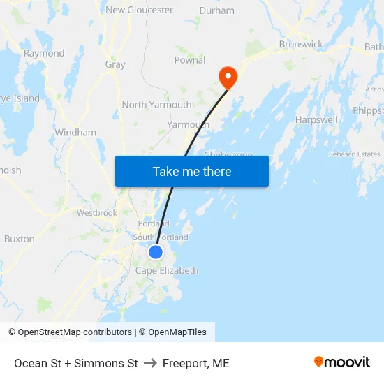 Ocean St + Simmons St to Freeport, ME map