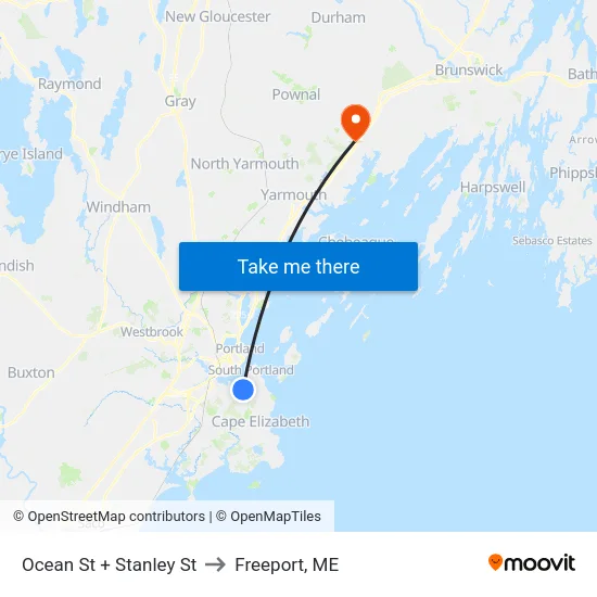 Ocean St + Stanley St to Freeport, ME map