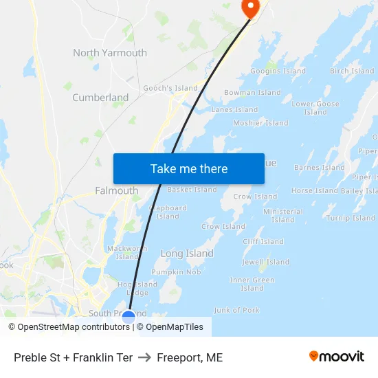 Preble St + Franklin Ter to Freeport, ME map