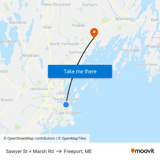 Sawyer St + Marsh Rd to Freeport, ME map