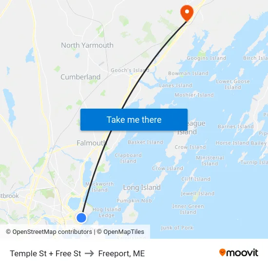 Temple St + Free St to Freeport, ME map