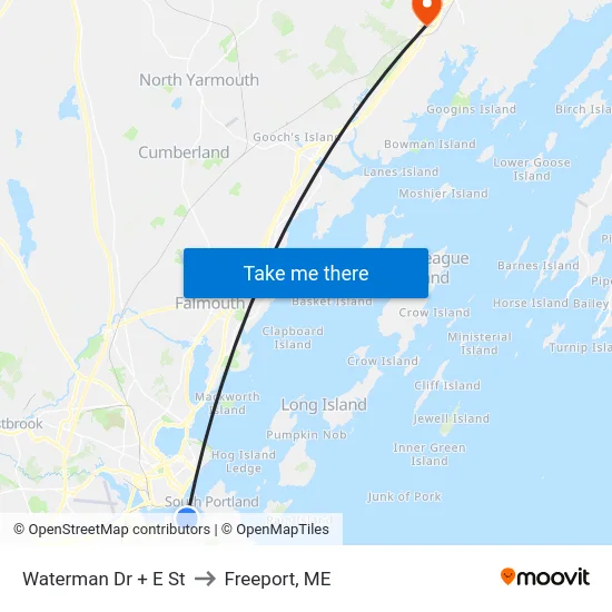 Waterman Dr + E St to Freeport, ME map