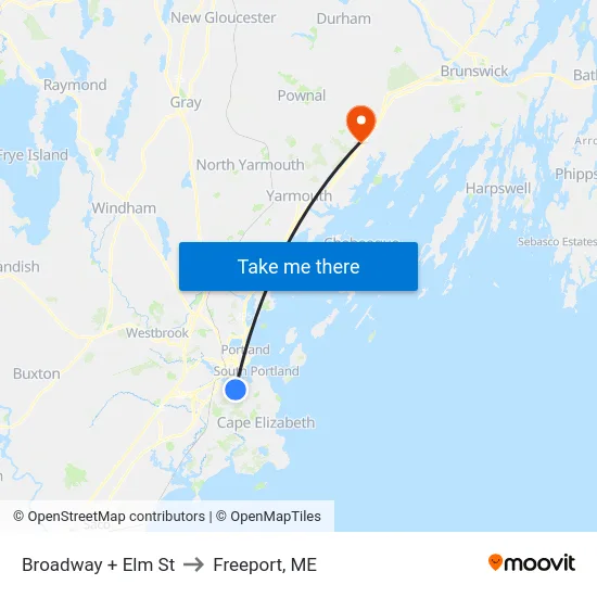 Broadway + Elm St to Freeport, ME map