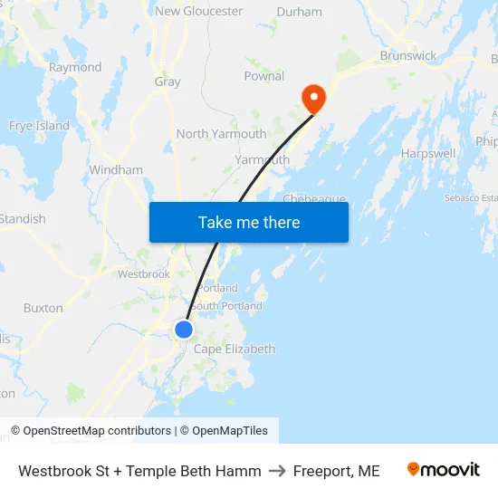 Westbrook St + Temple Beth Hamm to Freeport, ME map
