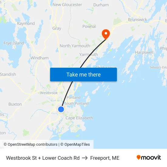 Westbrook St + Lower Coach Rd to Freeport, ME map