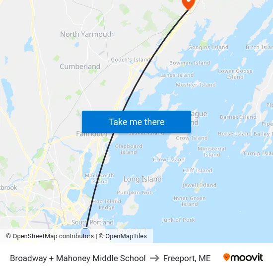 Broadway + Mahoney Middle School to Freeport, ME map
