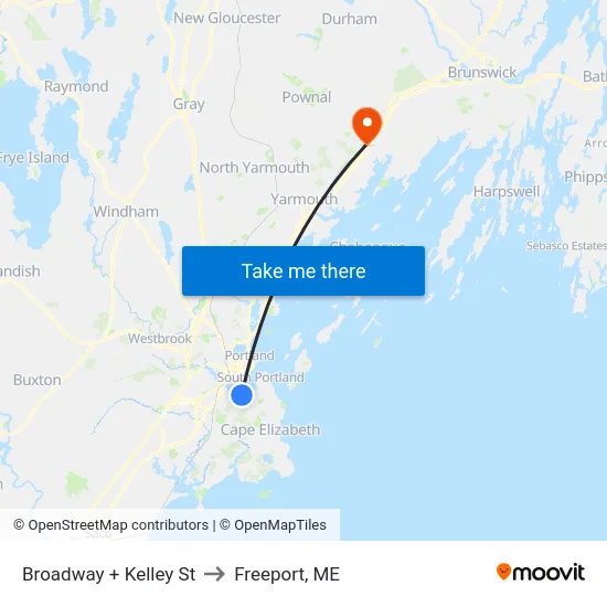 Broadway + Kelley St to Freeport, ME map