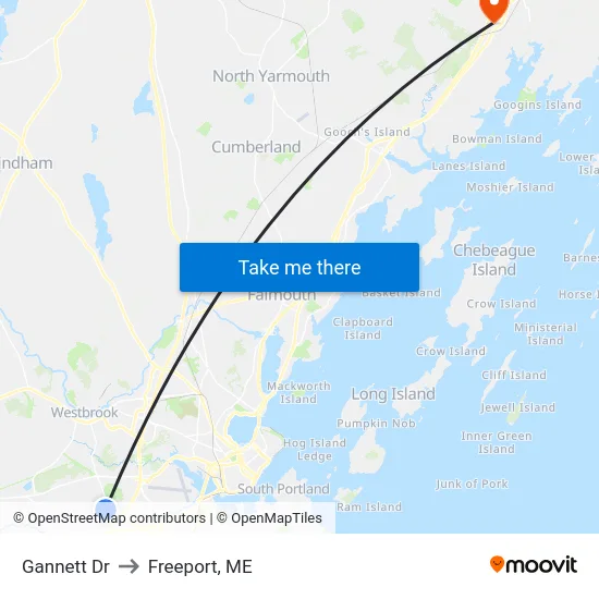 Gannett Dr to Freeport, ME map