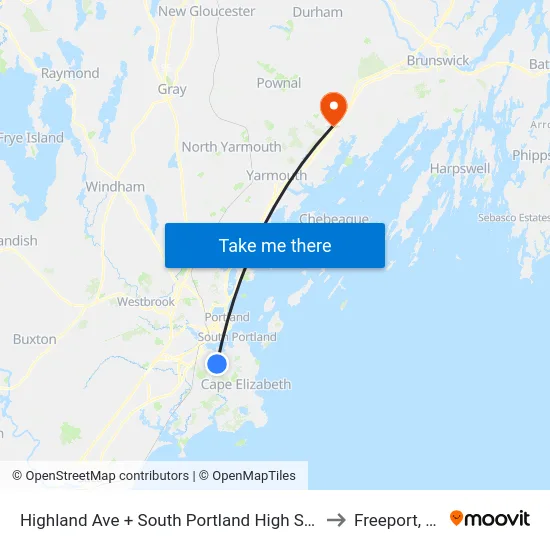 Highland Ave + South Portland High School to Freeport, ME map