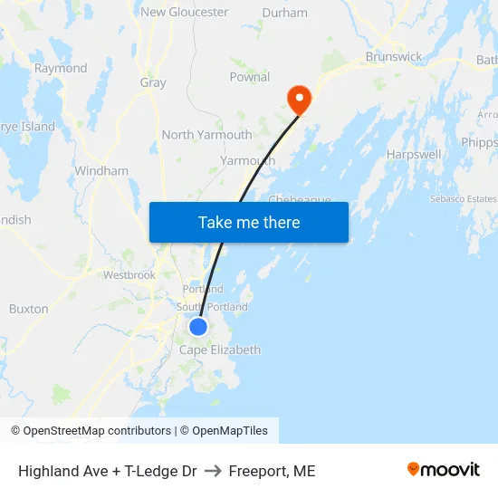 Highland Ave + T-Ledge Dr to Freeport, ME map