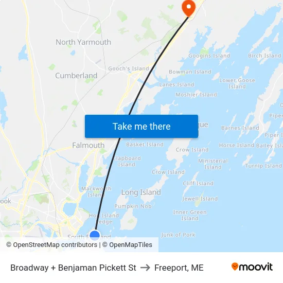 Broadway + Benjaman Pickett St to Freeport, ME map