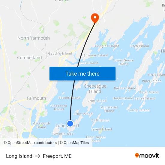 Long Island to Freeport, ME map