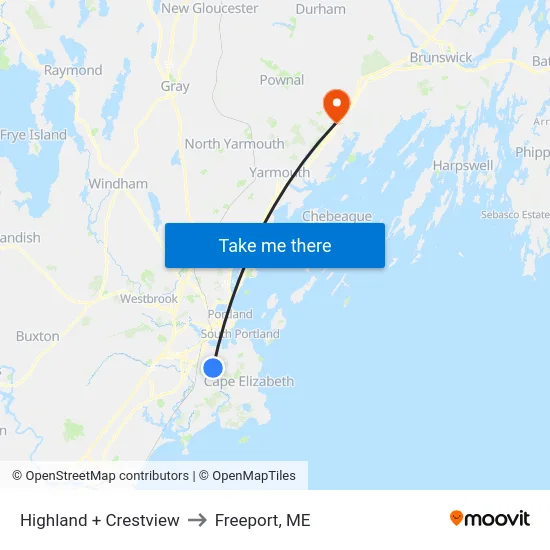 Highland + Crestview to Freeport, ME map