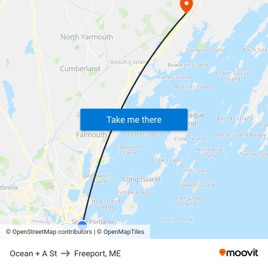 Ocean + A St to Freeport, ME map