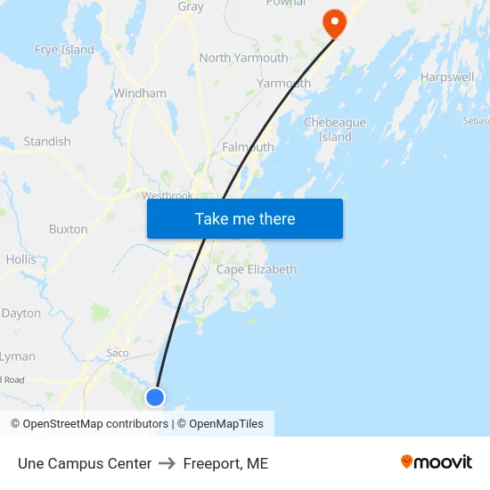 Une Campus Center to Freeport, ME map