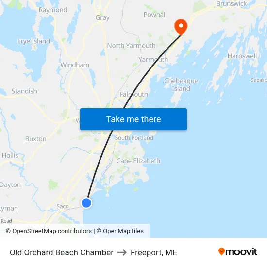 Old  Orchard Beach Chamber to Freeport, ME map