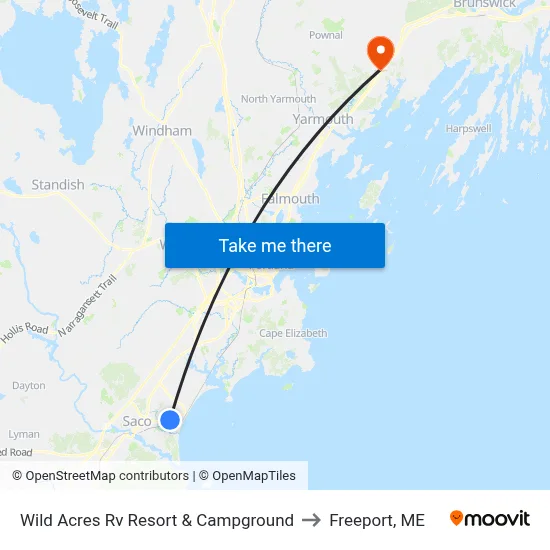 Wild Acres Rv Resort & Campground to Freeport, ME map